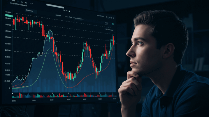 A person's silhouette is outlined against a large screen displaying a volatile Cryptocurrency market graph with sharp peaks and troughs, illustrating market fluctuation.